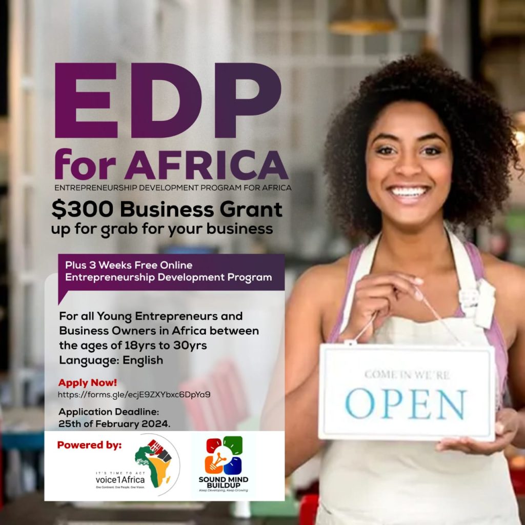 EDP for Africa Business Grant 2024 for Young African Entrepreneurs  | Up to $300 Grant and Free 3-week Business Training with Certification