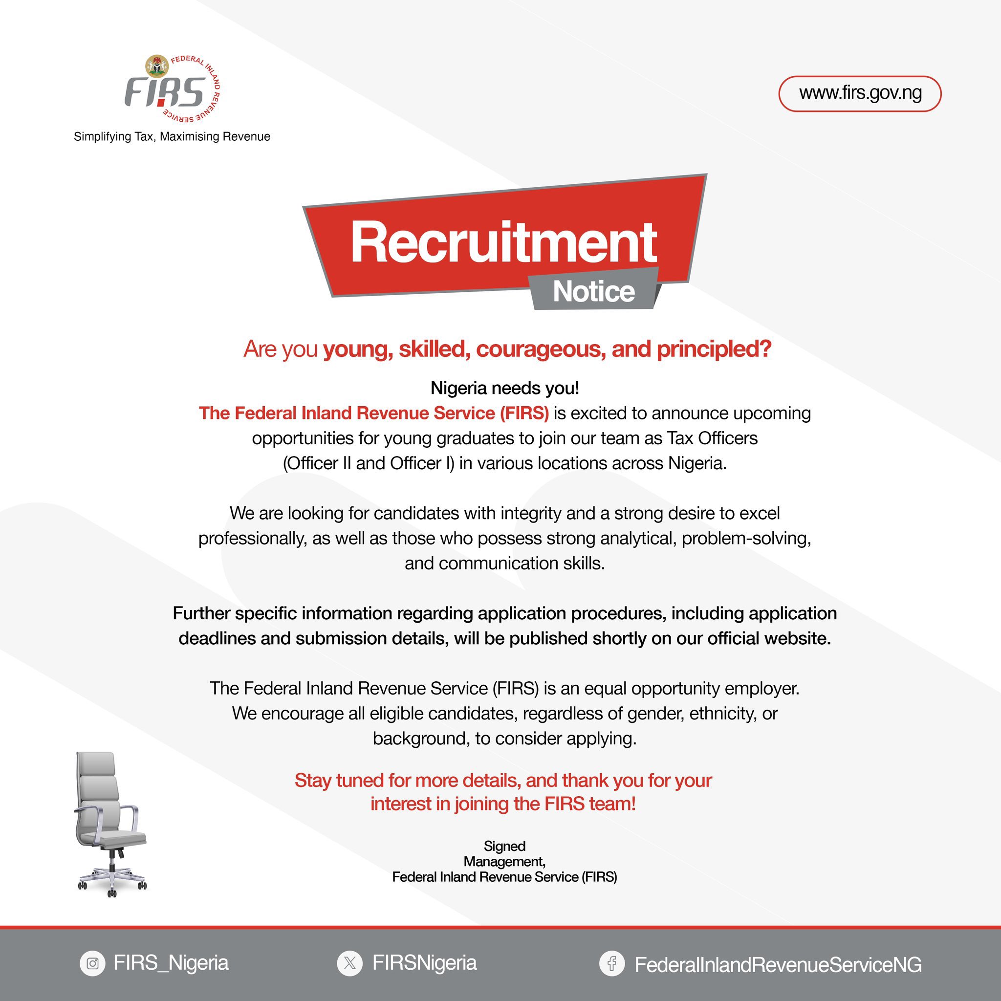 FIRS Announces 2024 Recruitment for Young Nigerians (FIRS Recruitment 2024)