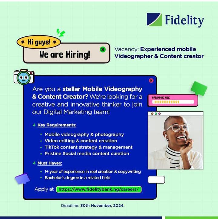 Fidelity Bank Recruitment for Mobile Videographer, Content Creator and Digital Marketer