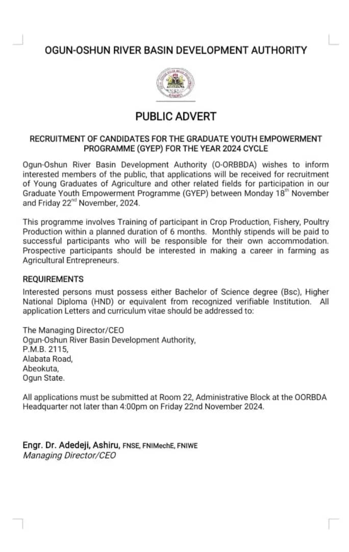 Ogun—Oshun River Basin Development Authority Recruitment of Candidates for Graduate Youth Empowerment Program (GYEP) 2024