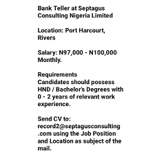 Bank Teller at Septagus Consulting Nigeria Limited