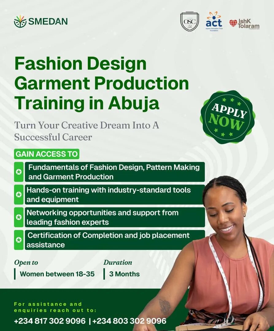 Call for Applications: SMEDAN Free Fashion Design Training For Nigerian Youths