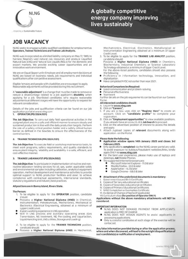 Operator at Nigeria LNG Limited (NLNG)